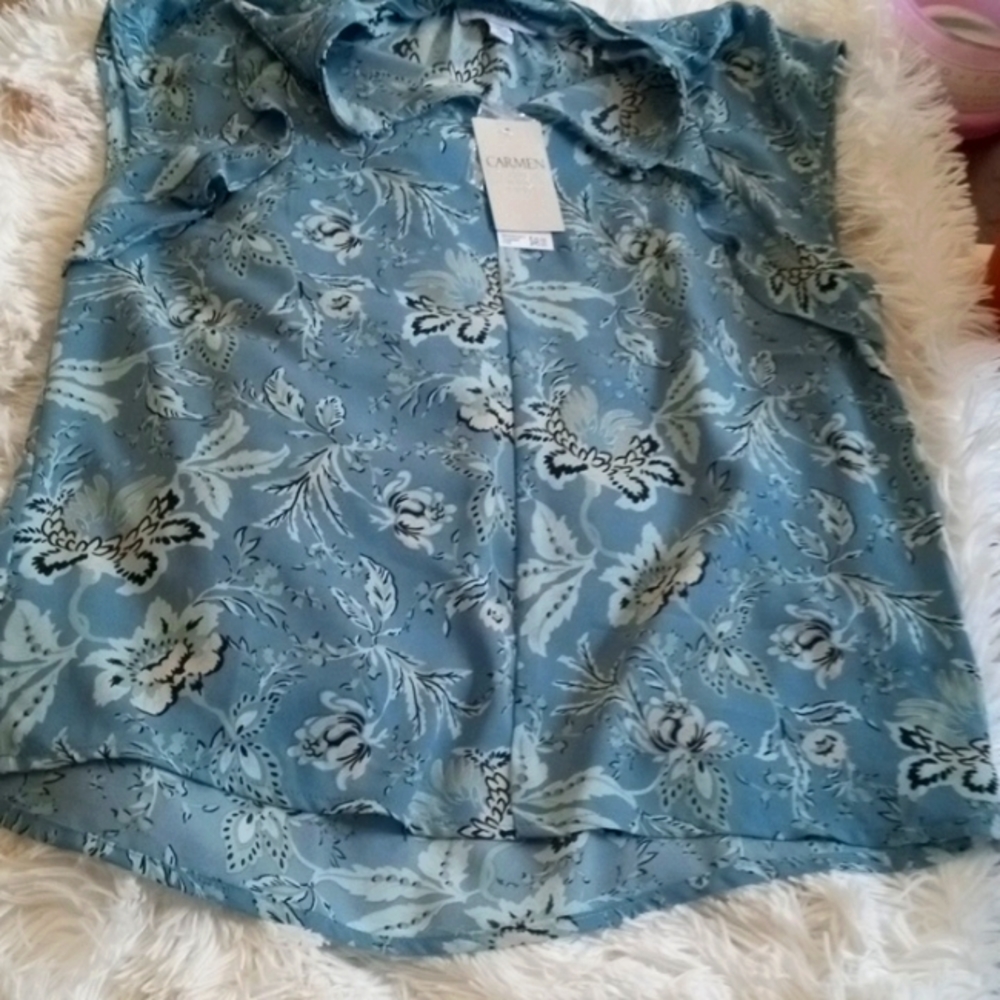 NWT Carmen Mark Valvo Shades Of Blue Sleeveless Blouse With Ruffles